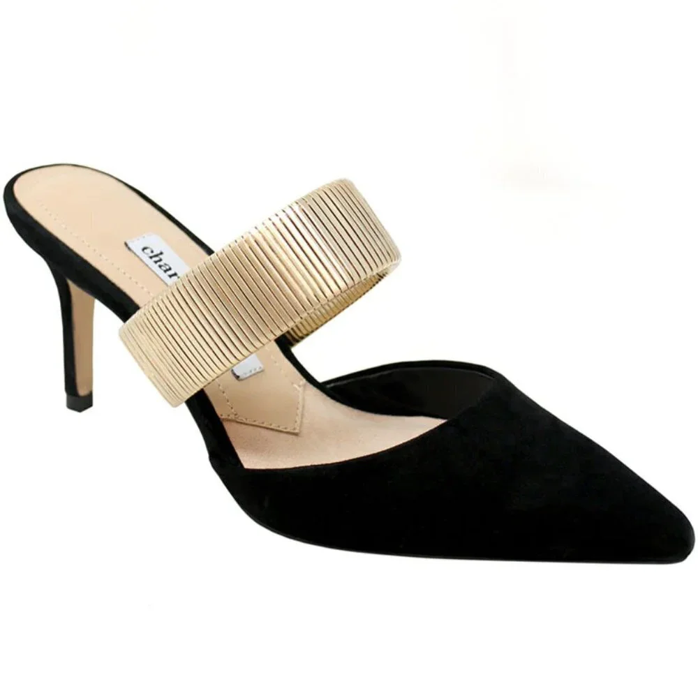 Charles David Black Suede Pointed-Toe Mule With Gold Ribbed Strap